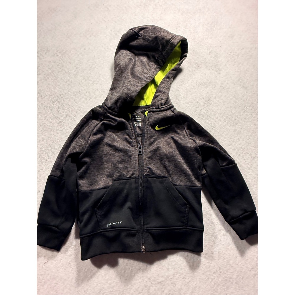 Nike Dri-FIT Boys 18M Full Zip Hoodie Charcoal Black Neon Yellow Athletic Jacket